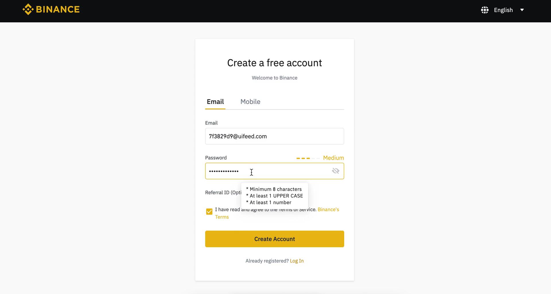 Binance sign up screenshot