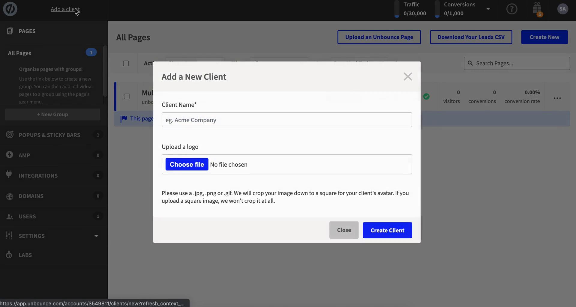 Unbounce add client screenshot