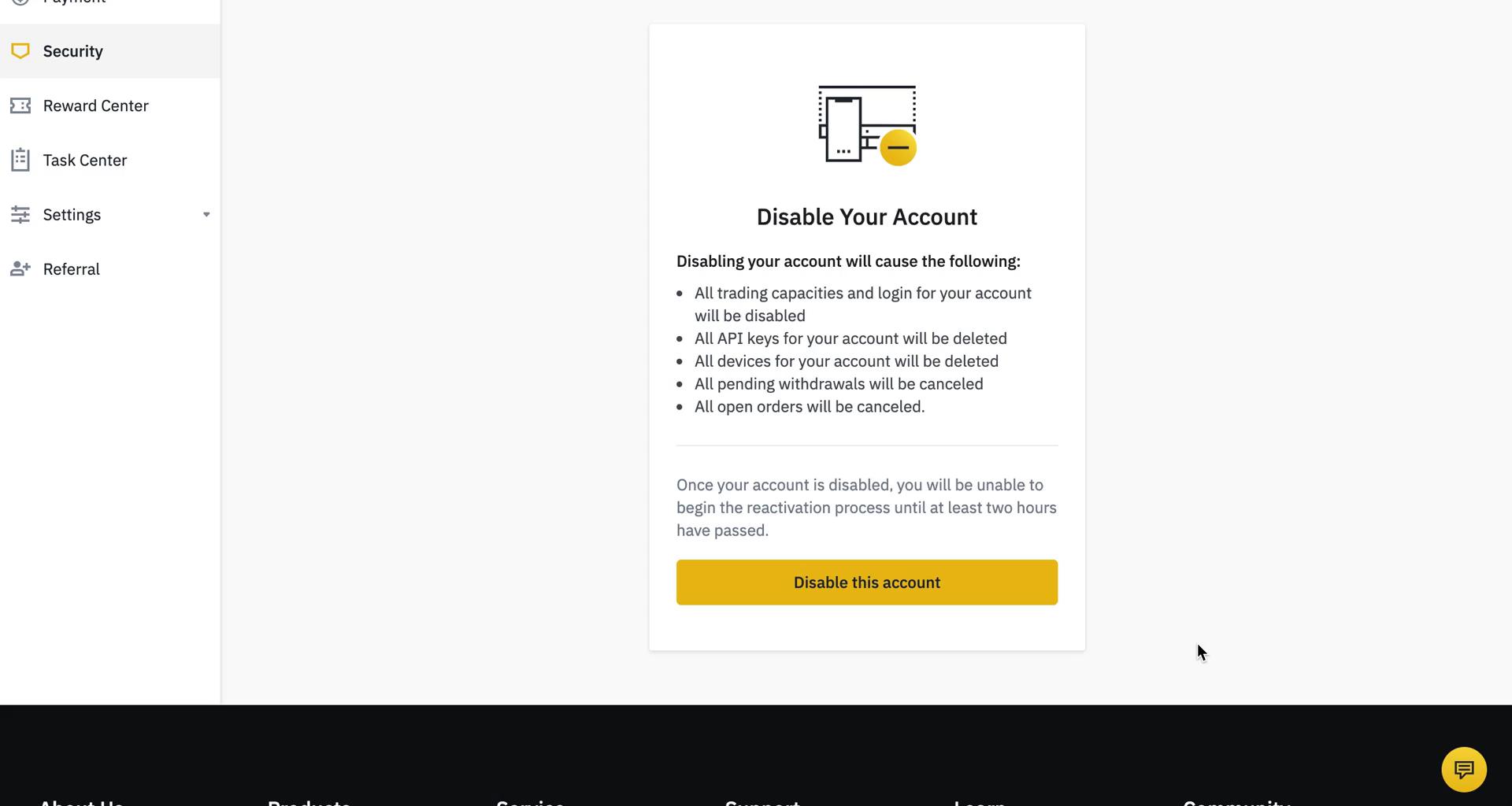 Binance disable account screenshot