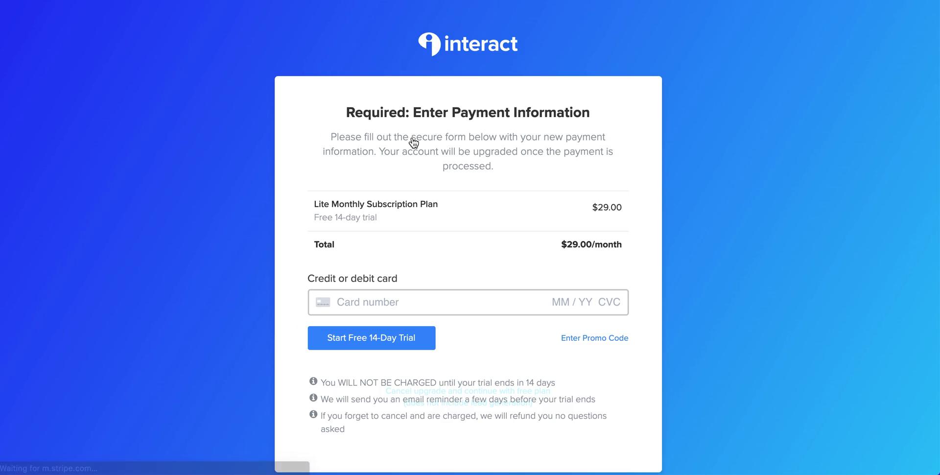 Interact add payment details screenshot