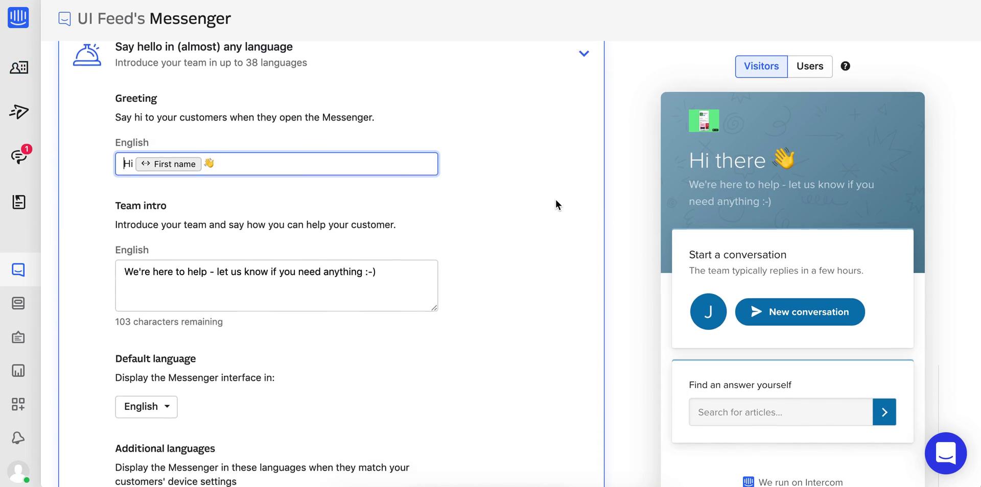 Intercom messenger languages screenshot