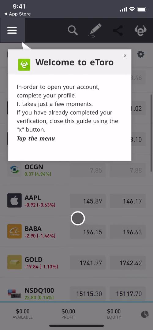 eToro guide tooltip screenshot