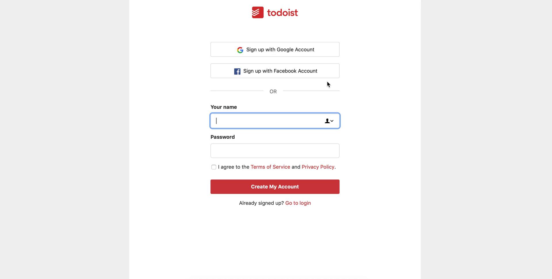 Todoist sign up screenshot