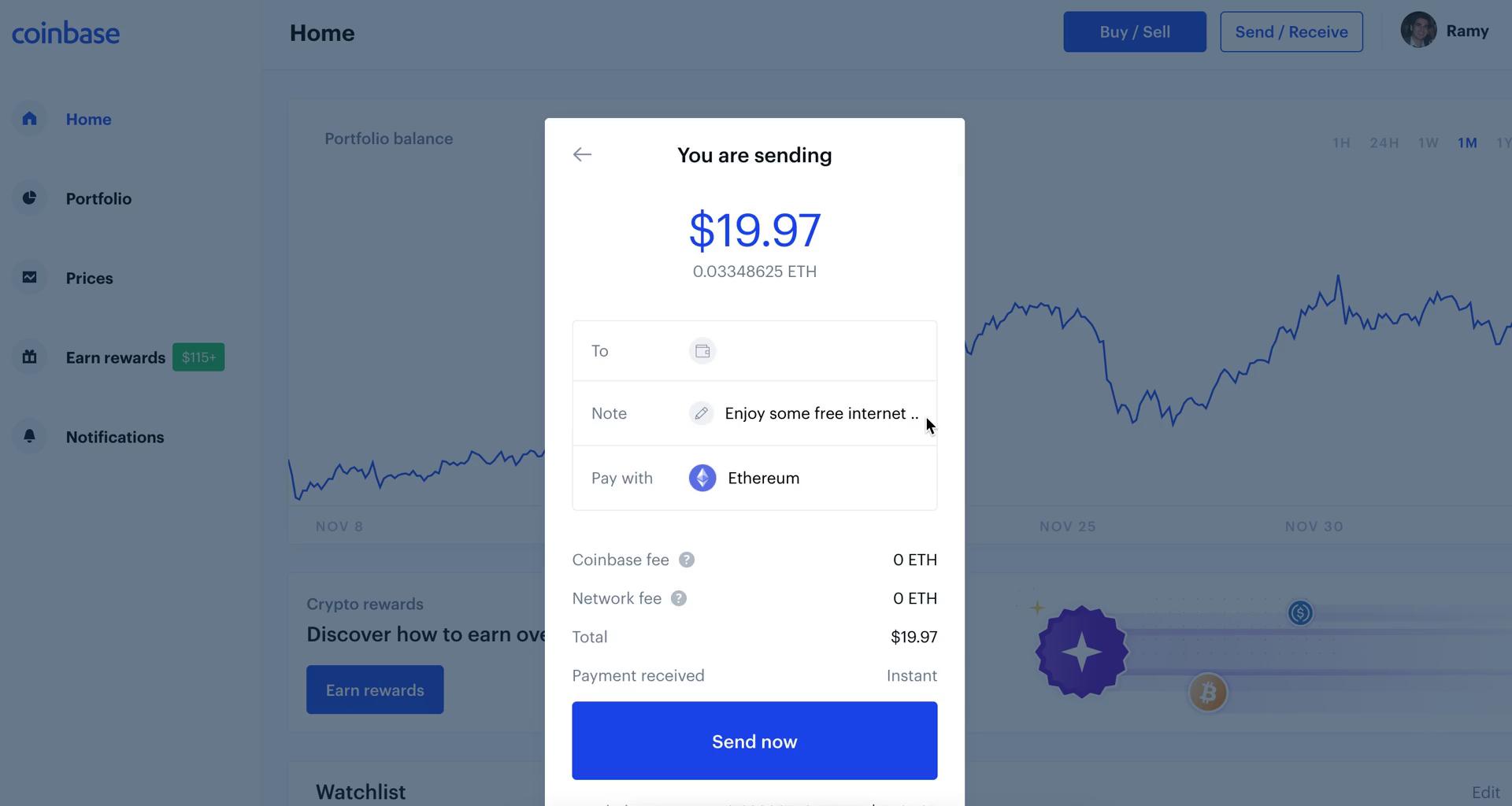 Coinbase confirm send screenshot