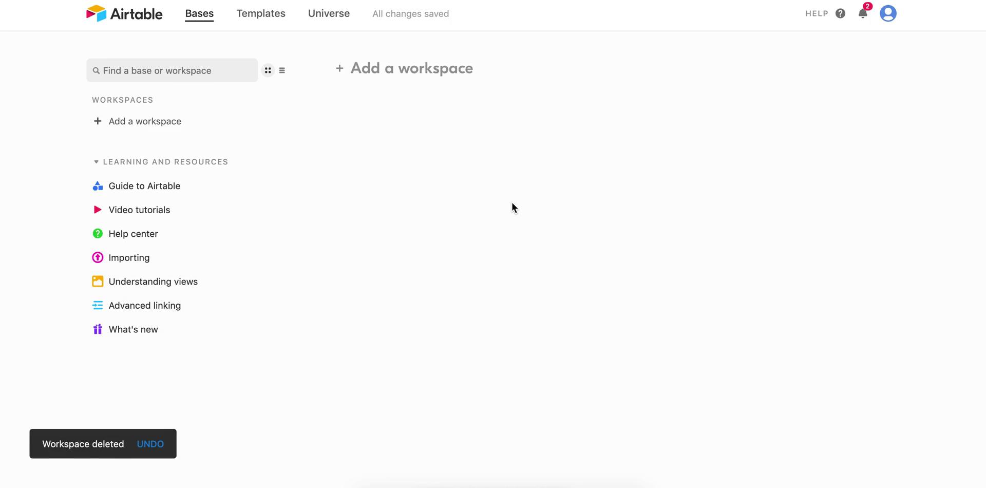 Airtable workspace deleted screenshot
