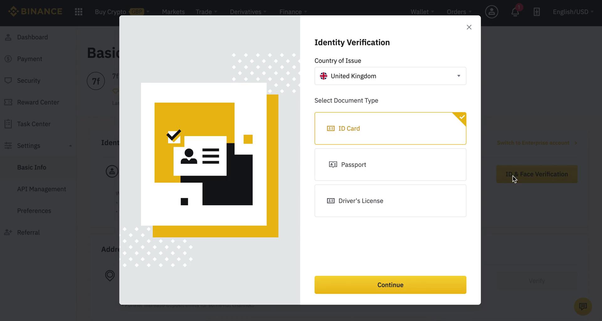 Binance verify identity screenshot