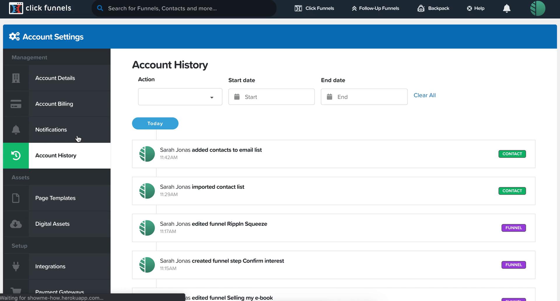 ClickFunnels account history screenshot