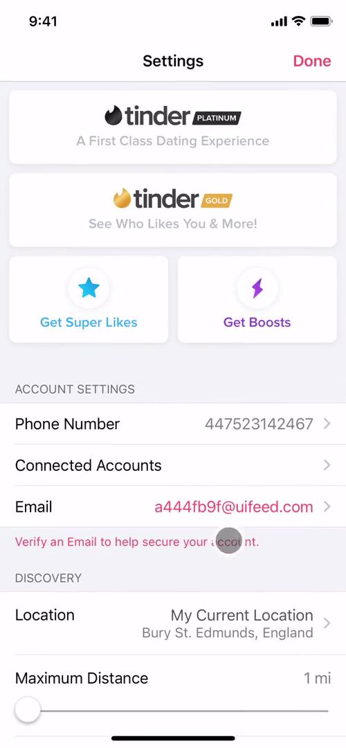 Tinder account settings screenshot