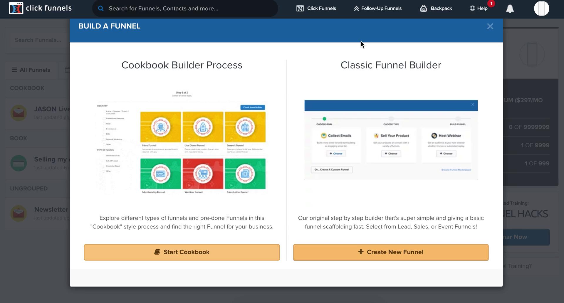 ClickFunnels select builder type screenshot