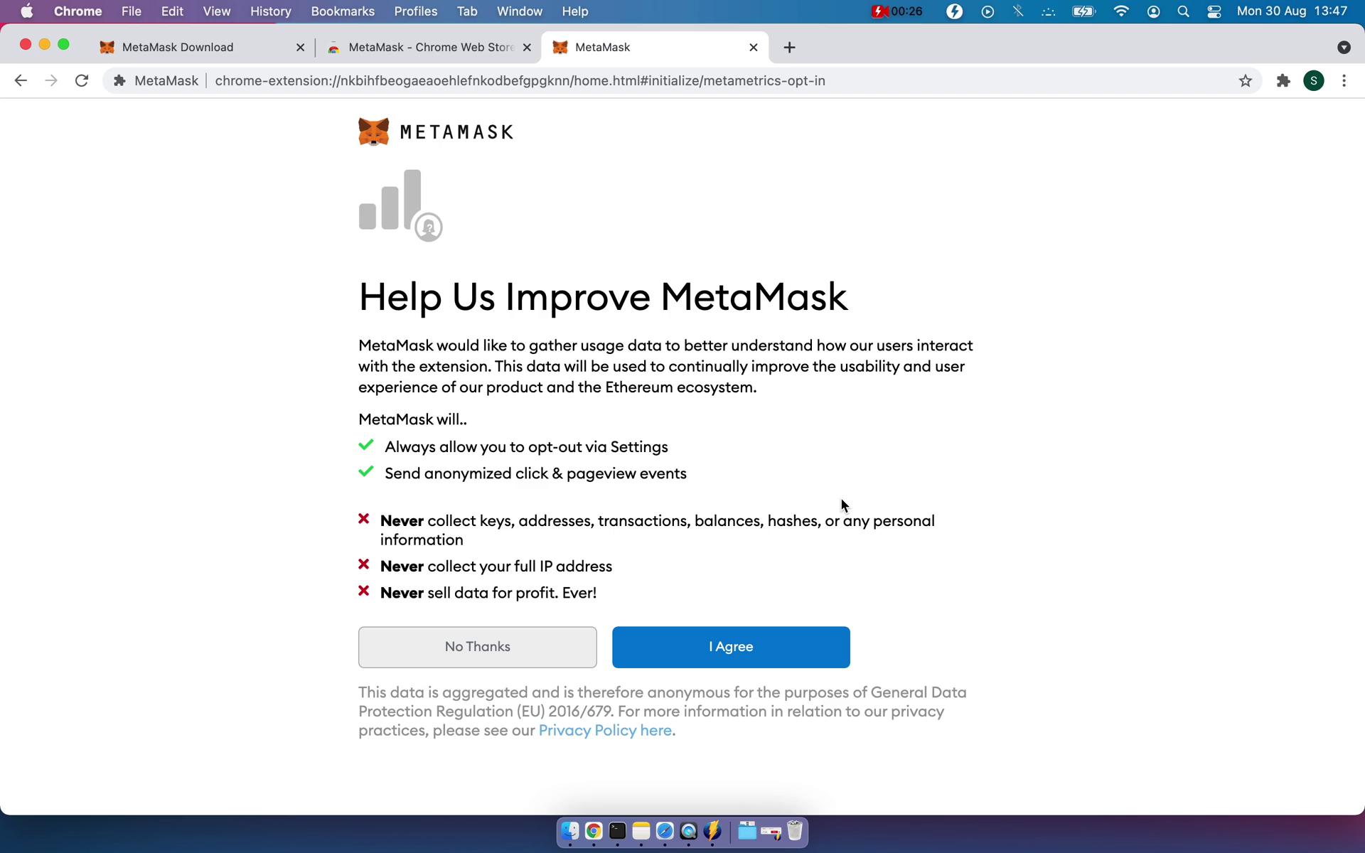 MetaMask enable data tracking screenshot