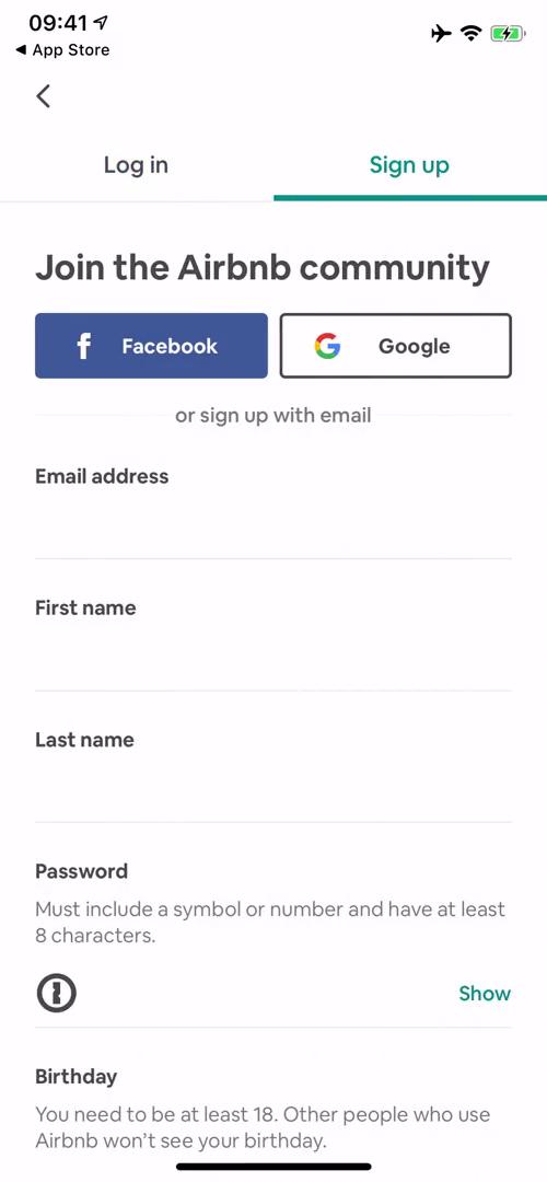 Airbnb sign up screenshot