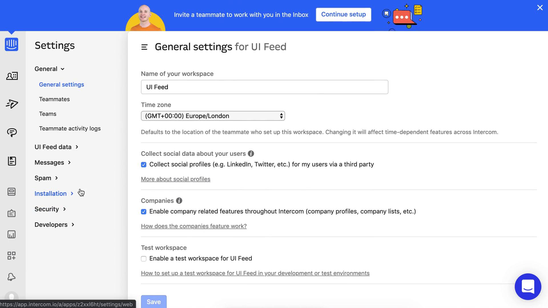 Intercom settings screenshot