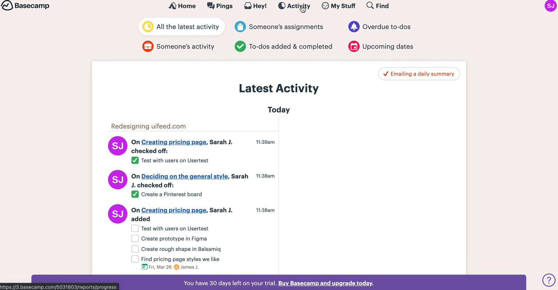 Basecamp activity feed screenshot