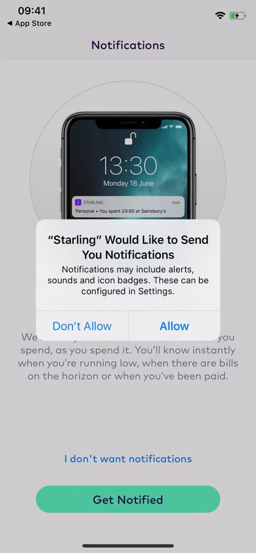 Starling notification permissions screenshot