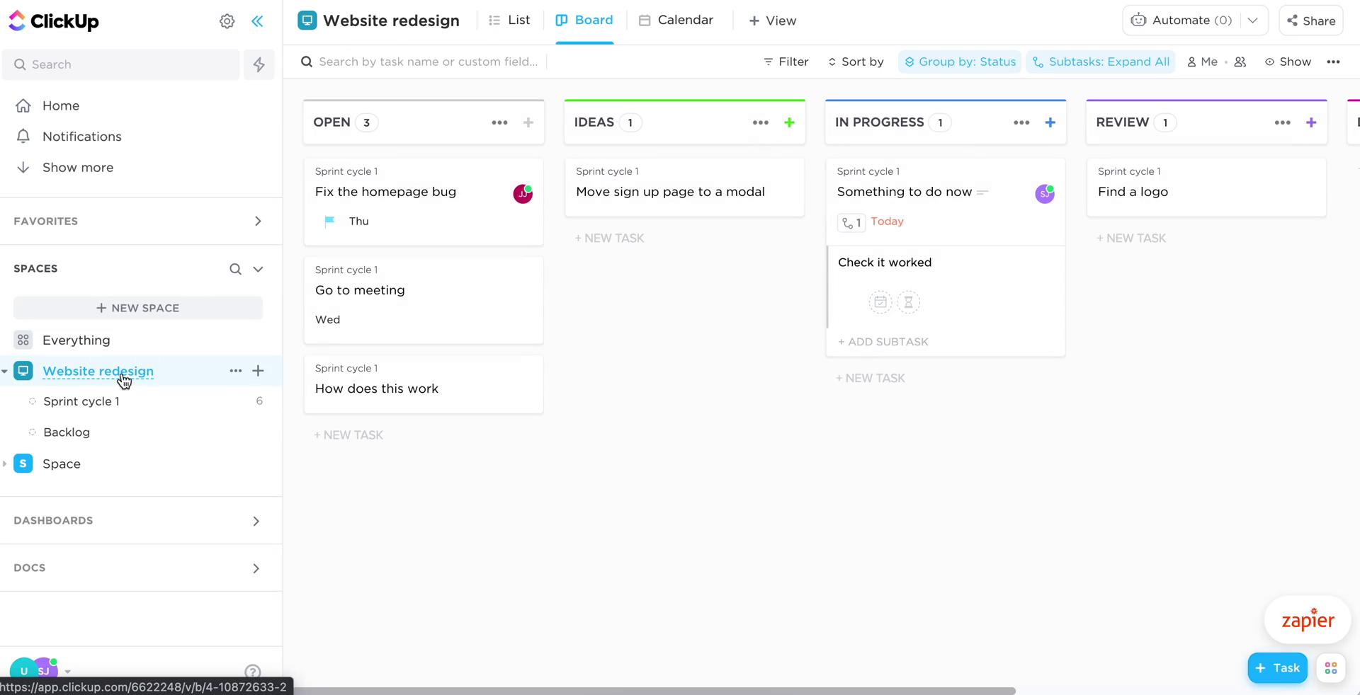 ClickUp kanban board screenshot