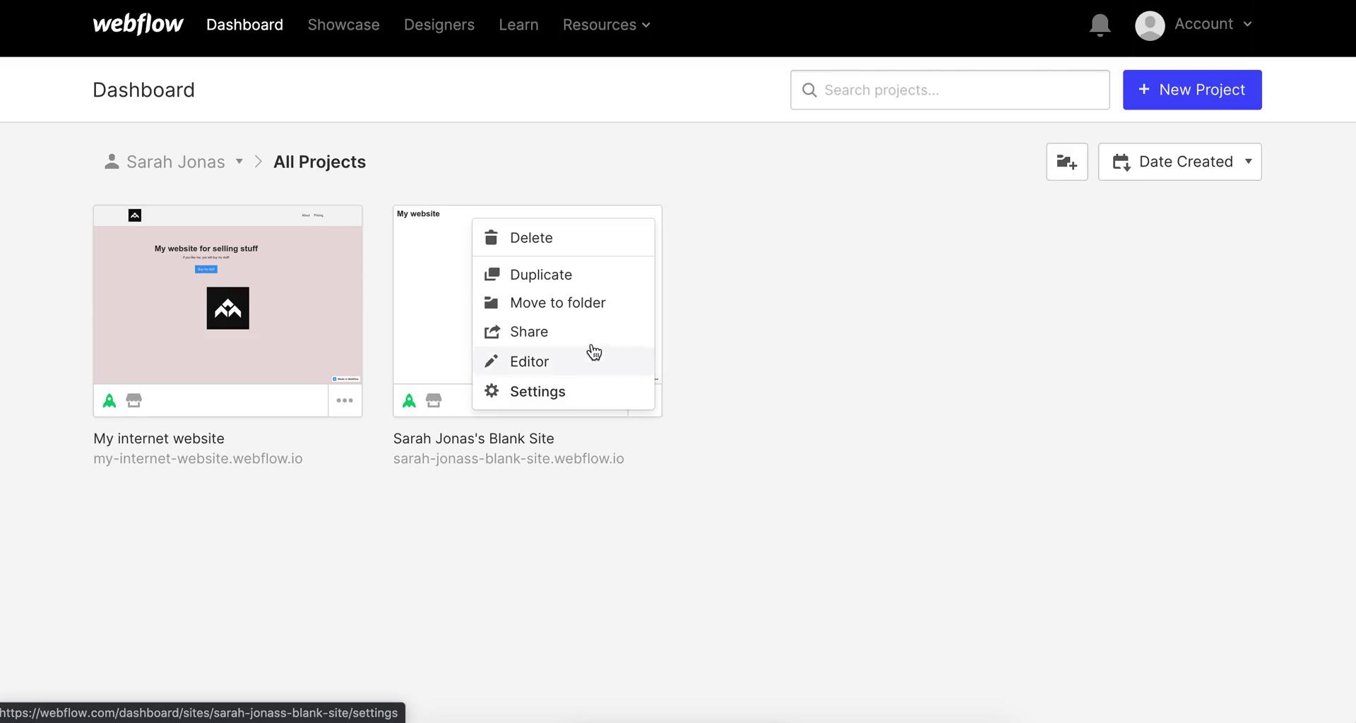 Webflow delete project screenshot