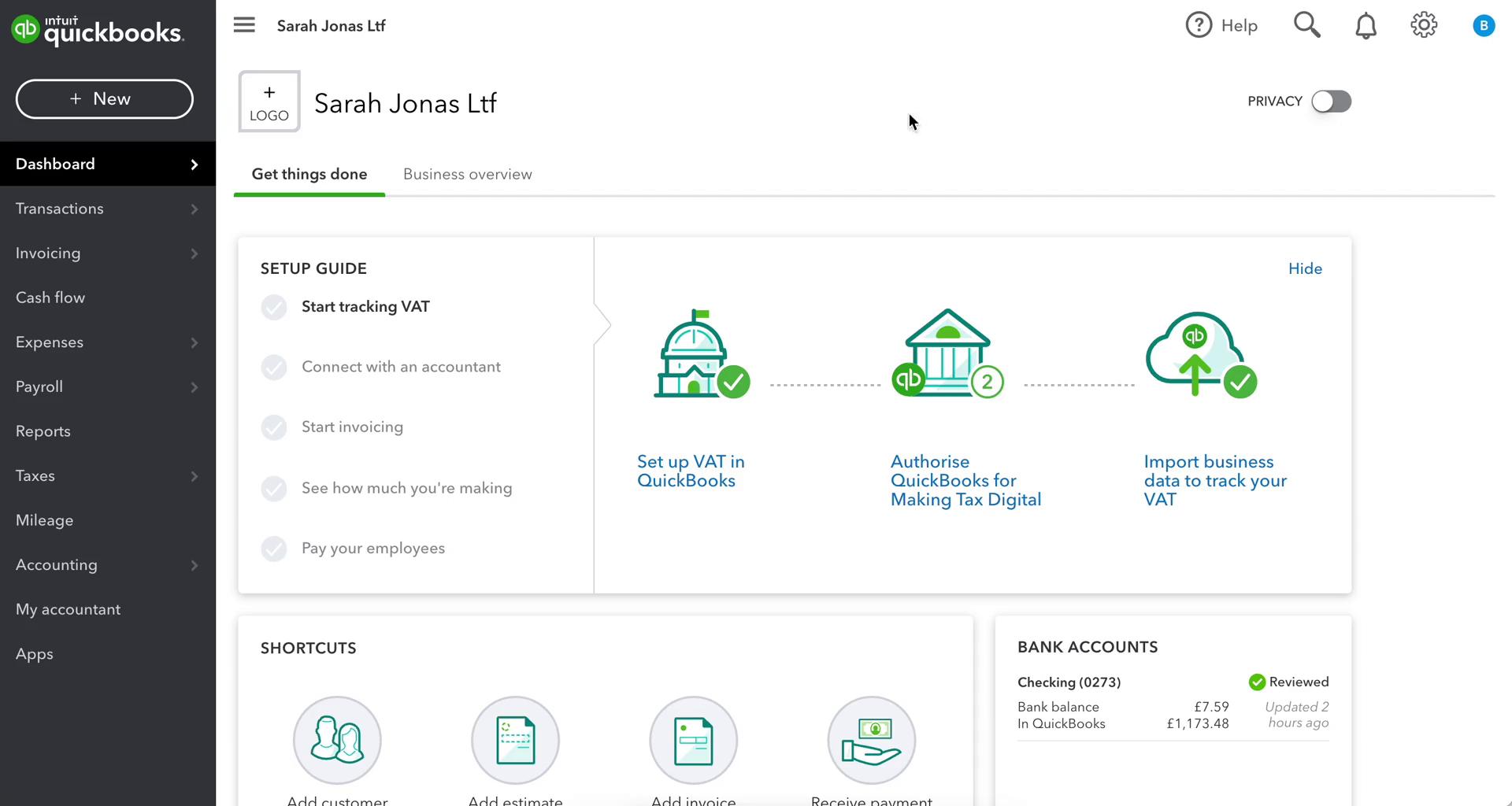 QuickBooks dashboard screenshot