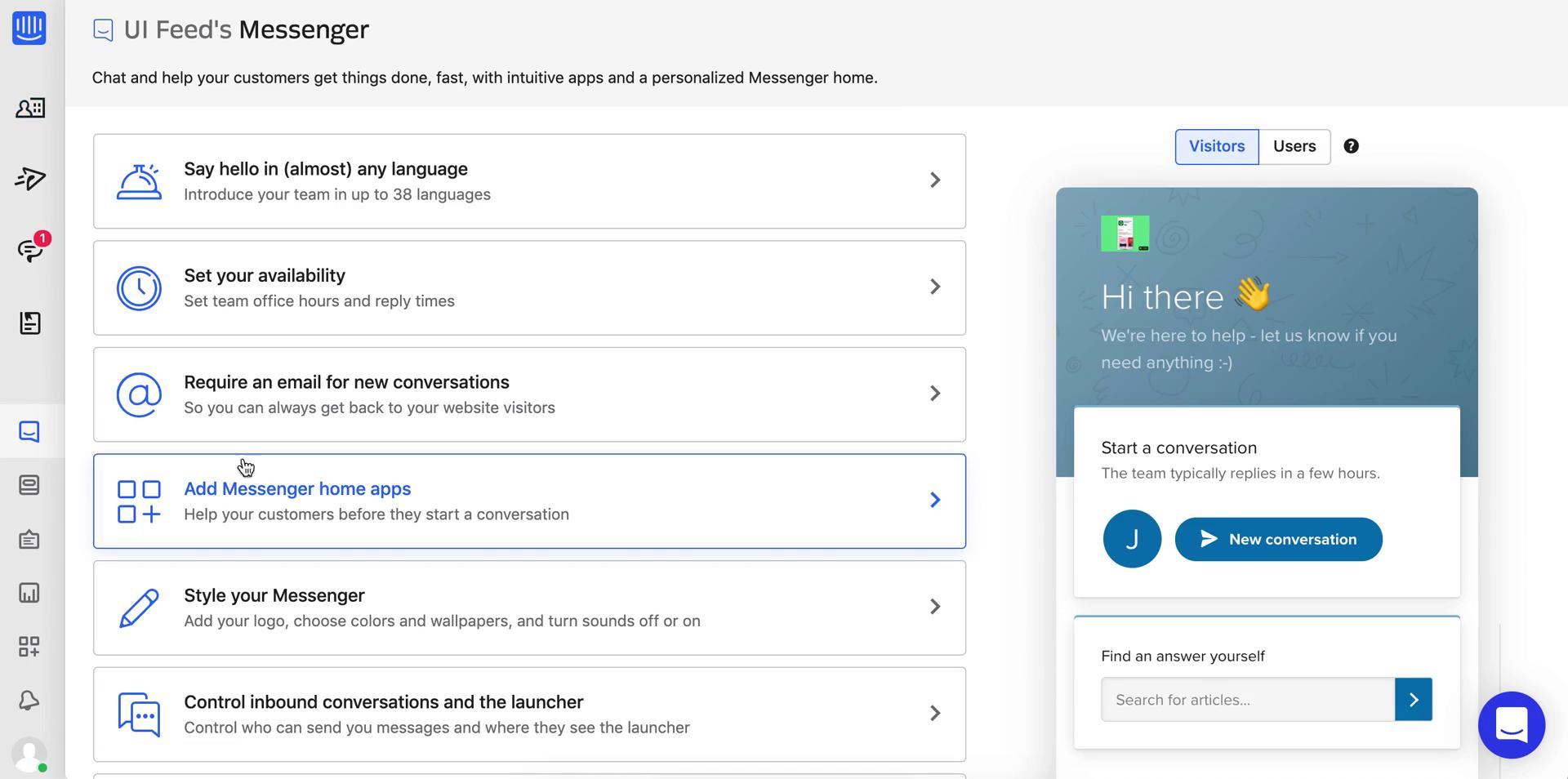 Intercom messenger settings screenshot