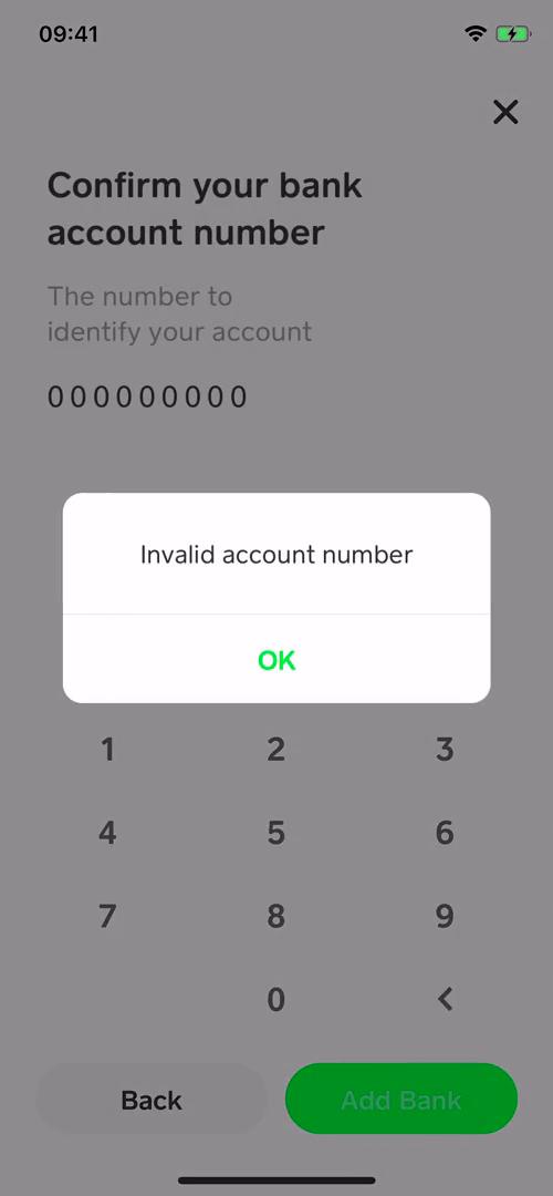 Cash App invalid account number screenshot