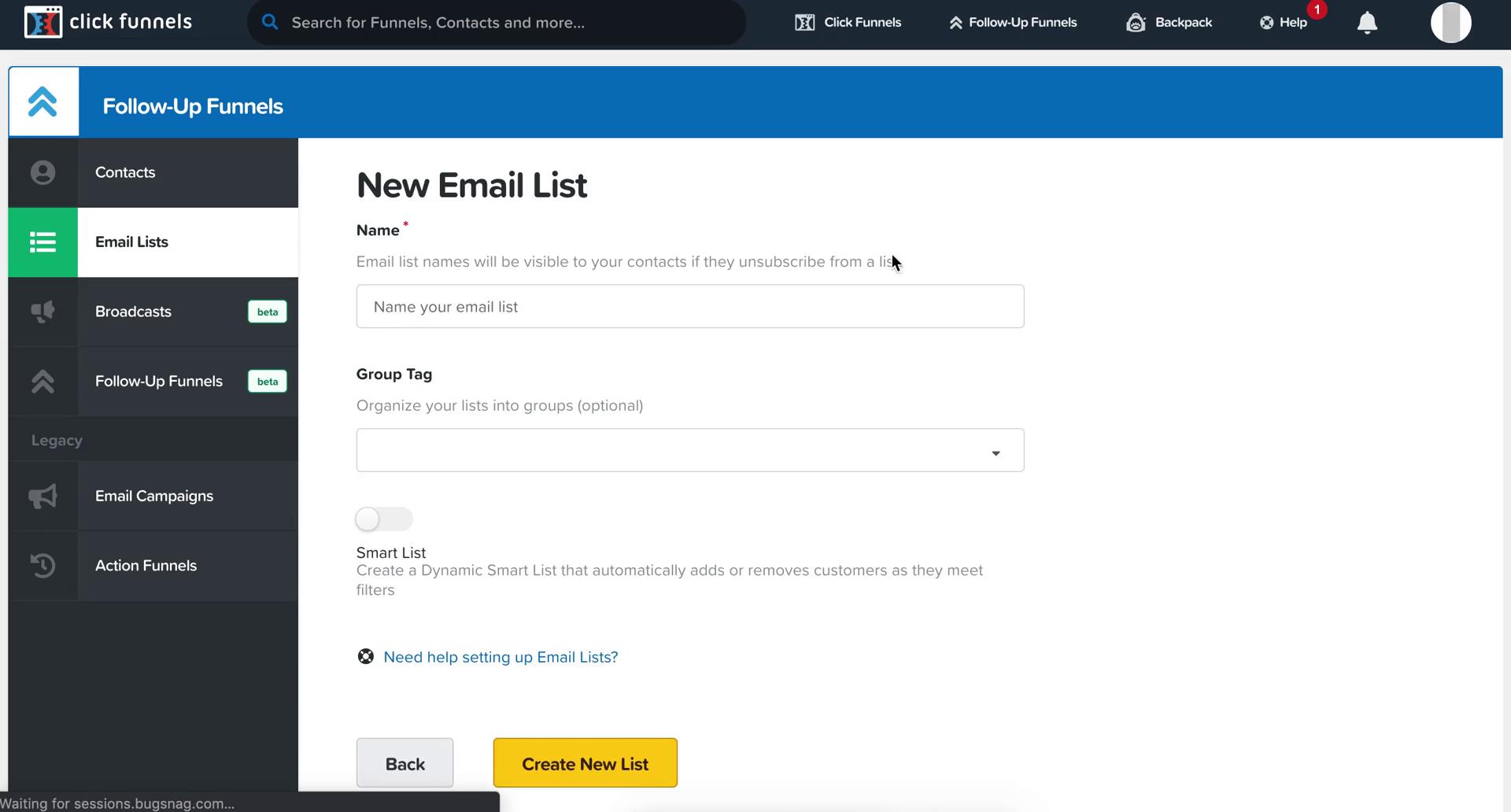 ClickFunnels create email list screenshot