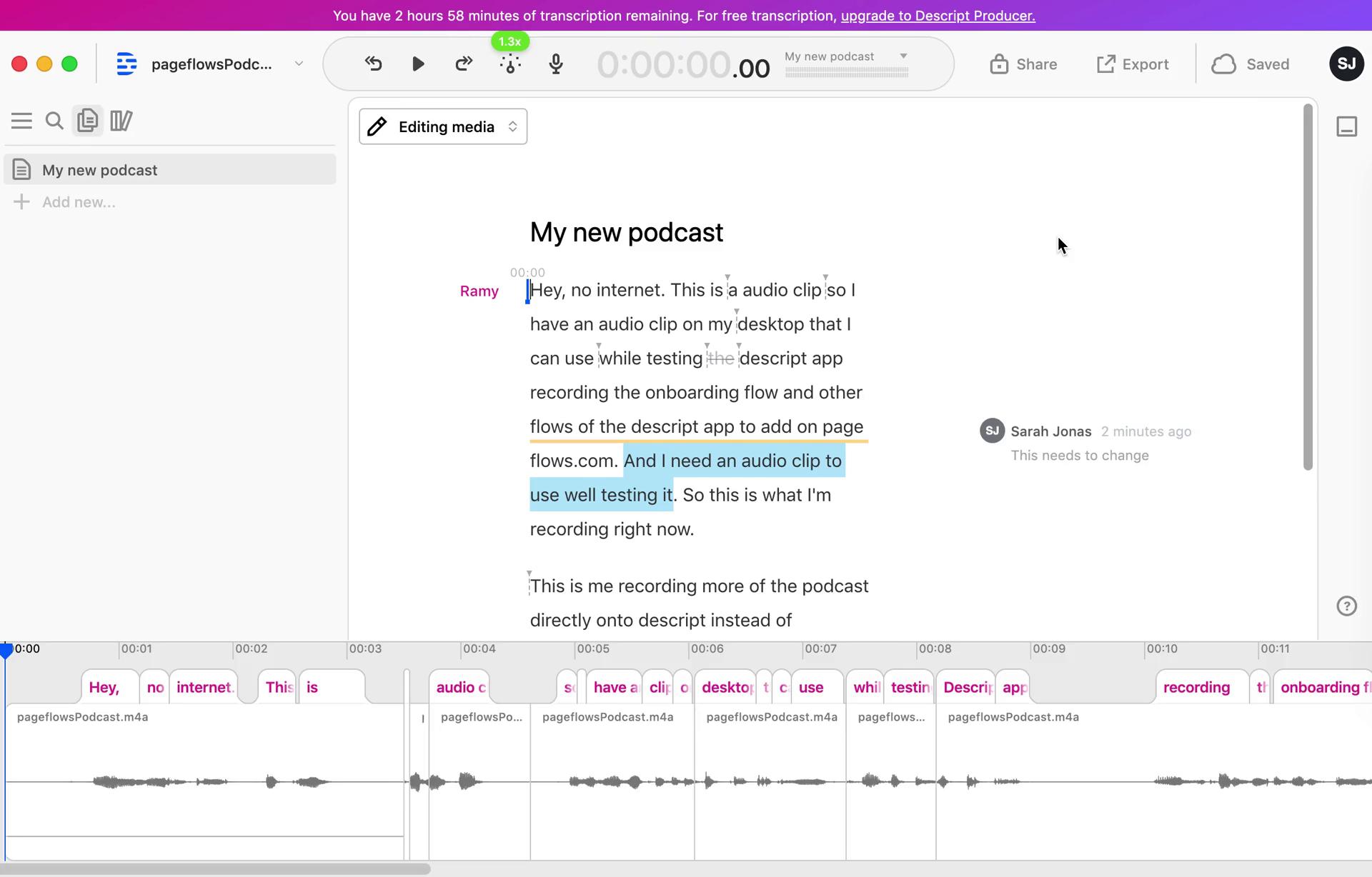 Descript audio editor screenshot