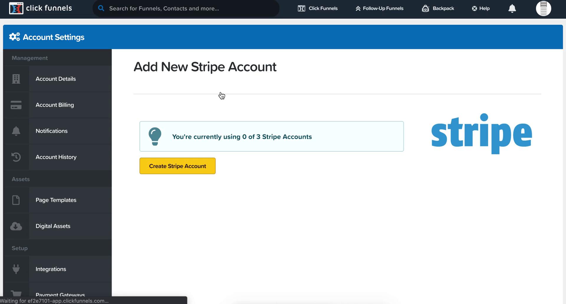 ClickFunnels add new stripe account screenshot