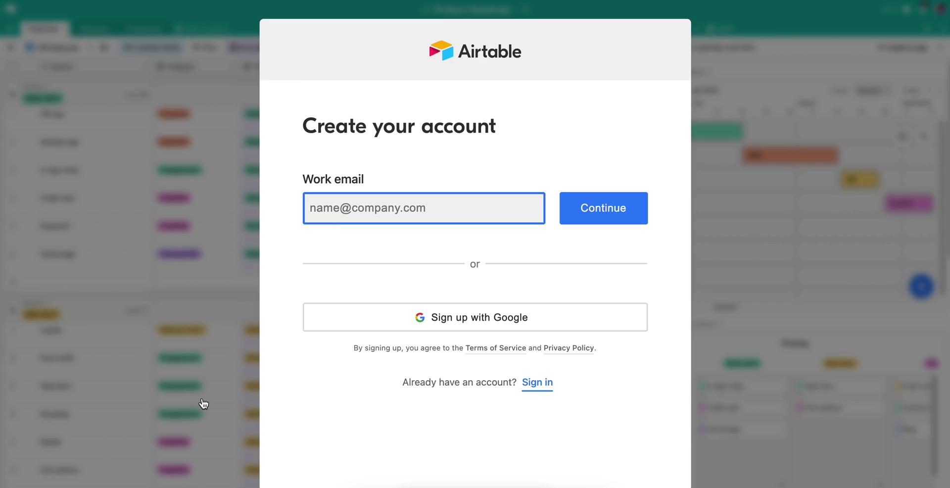 Airtable sign up screenshot