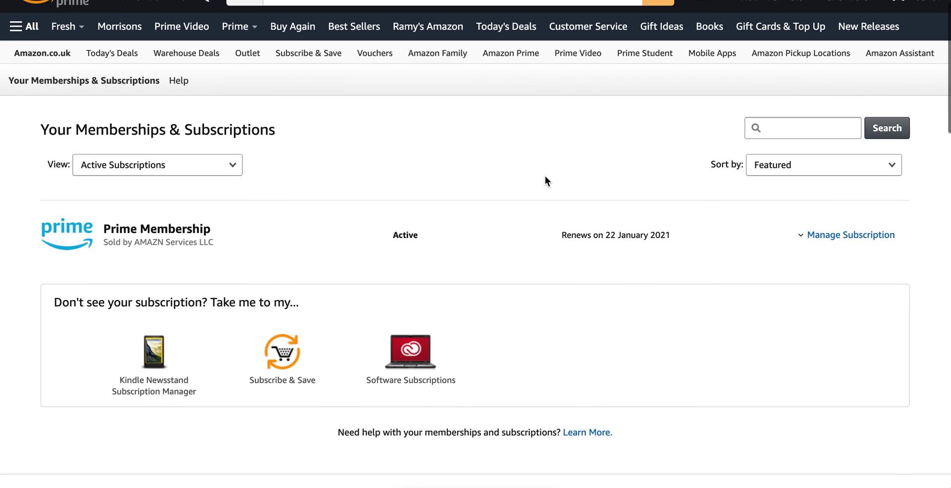 Amazon subscriptions screenshot