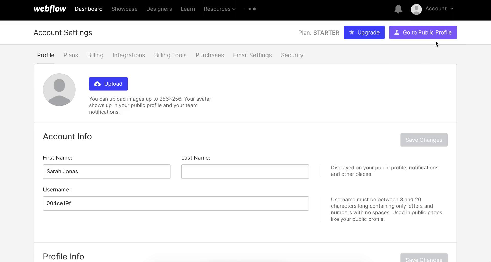 Webflow account settings screenshot