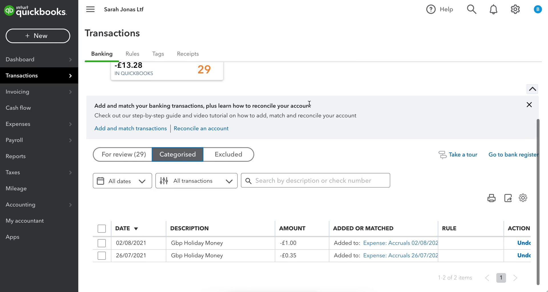 QuickBooks categorised screenshot