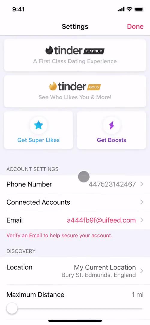 Tinder account settings screenshot