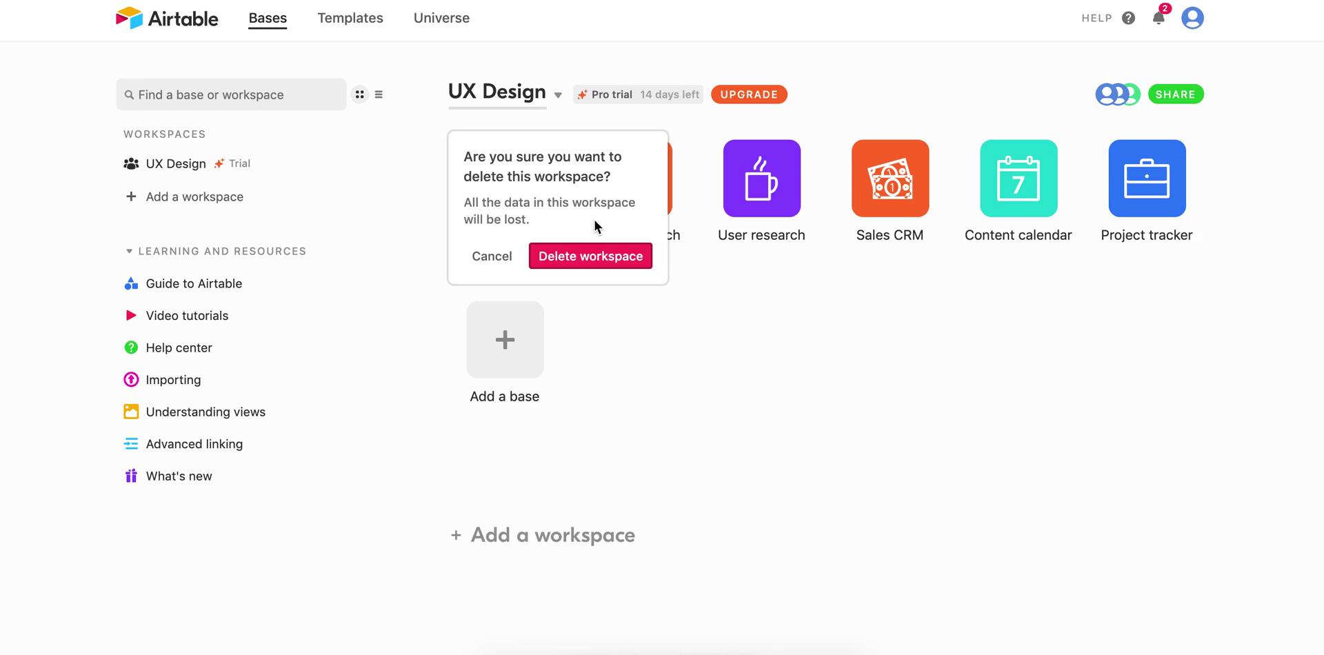 Airtable delete workspace screenshot