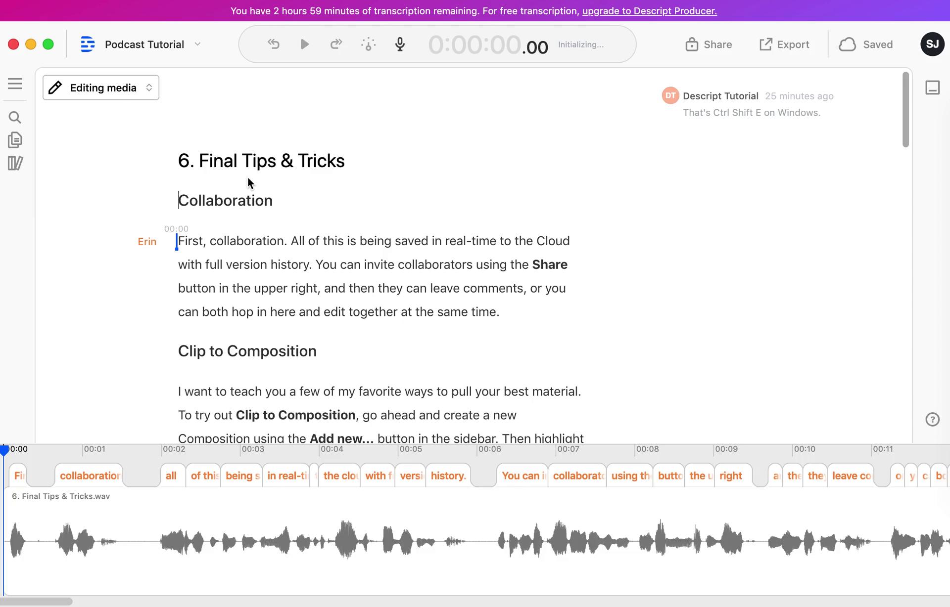 Descript audio editor screenshot