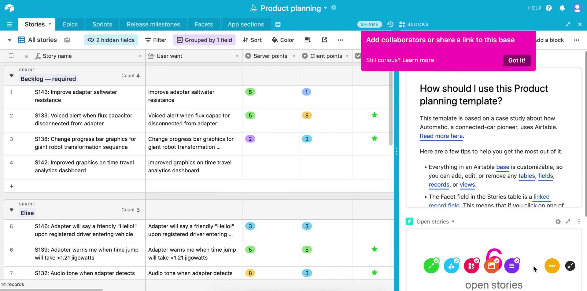 Airtable base tour screenshot