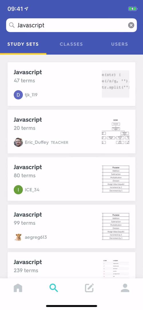 Quizlet search results screenshot