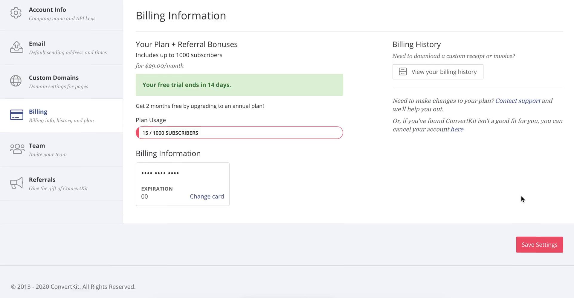 ConvertKit billing screenshot