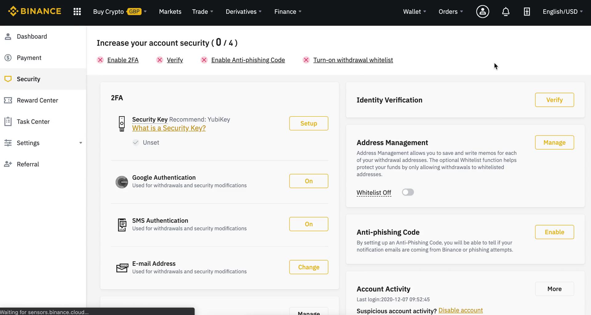 Binance security settings screenshot