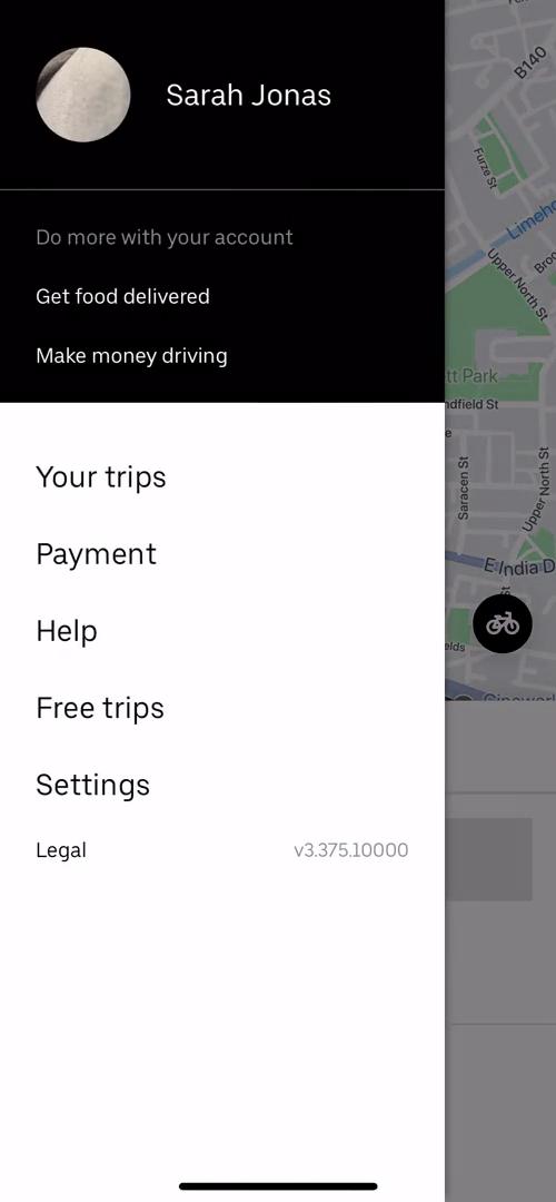 Uber menu screenshot