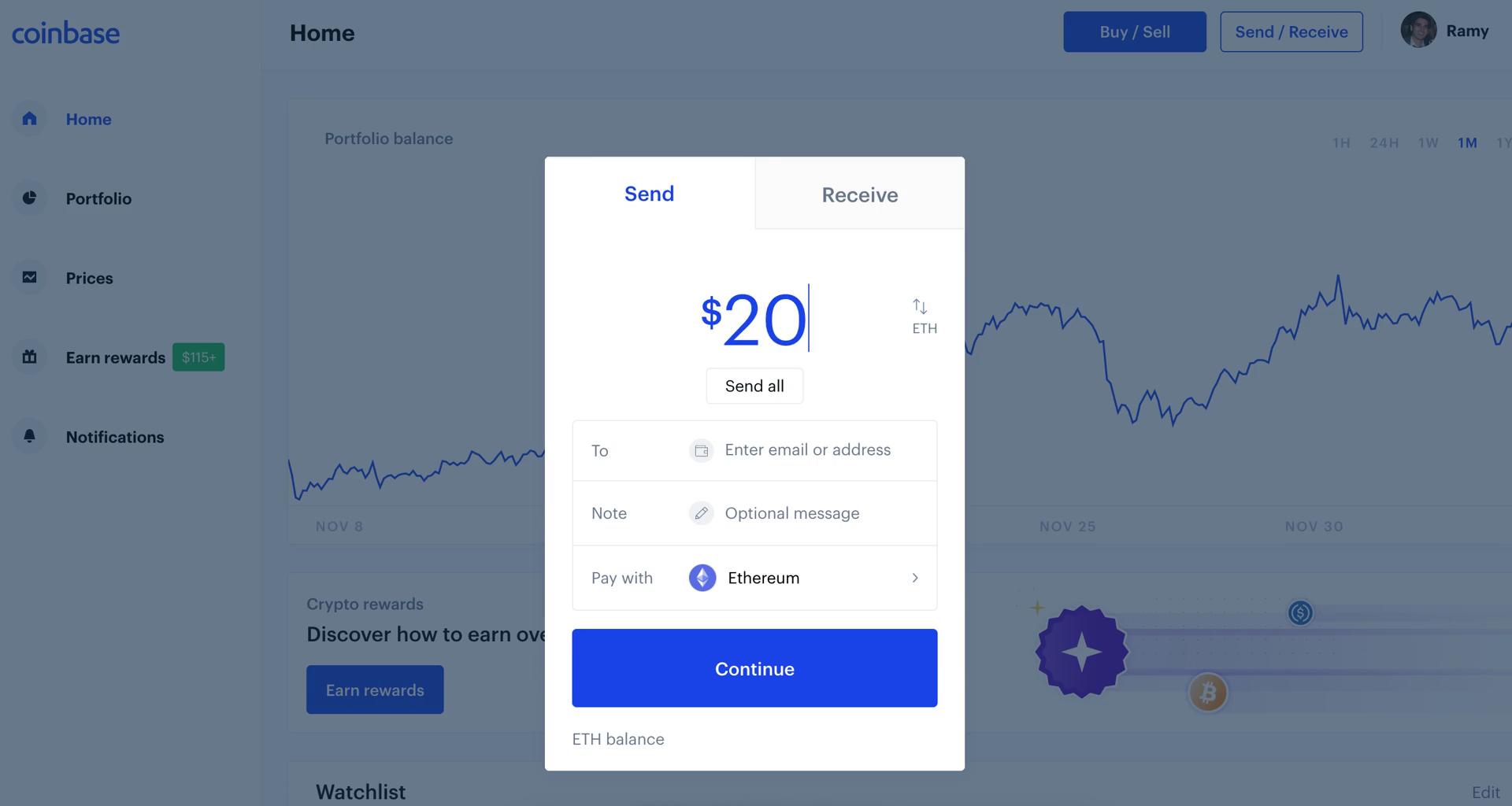 Coinbase send money screenshot