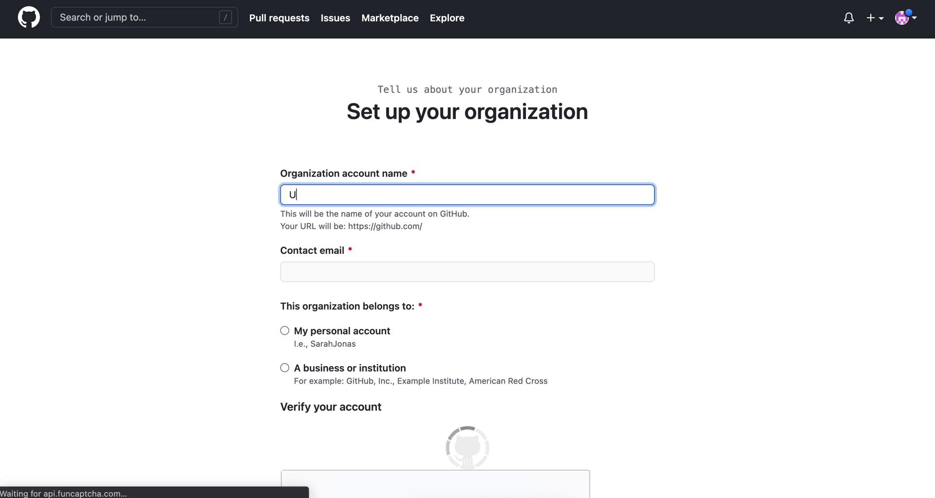 GitHub create an organization screenshot