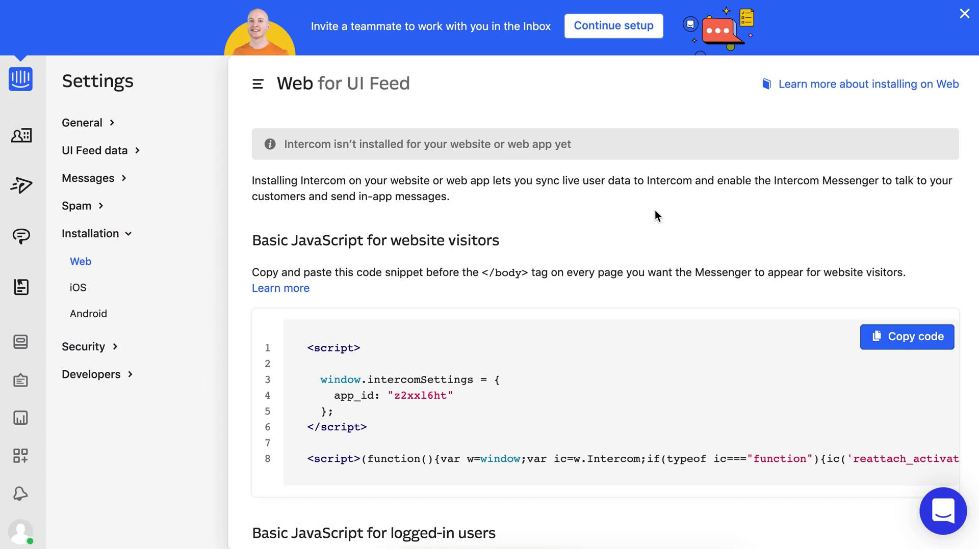 Intercom web installation instructions screenshot
