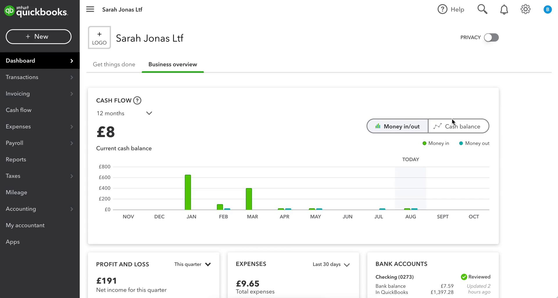 QuickBooks dashboard screenshot