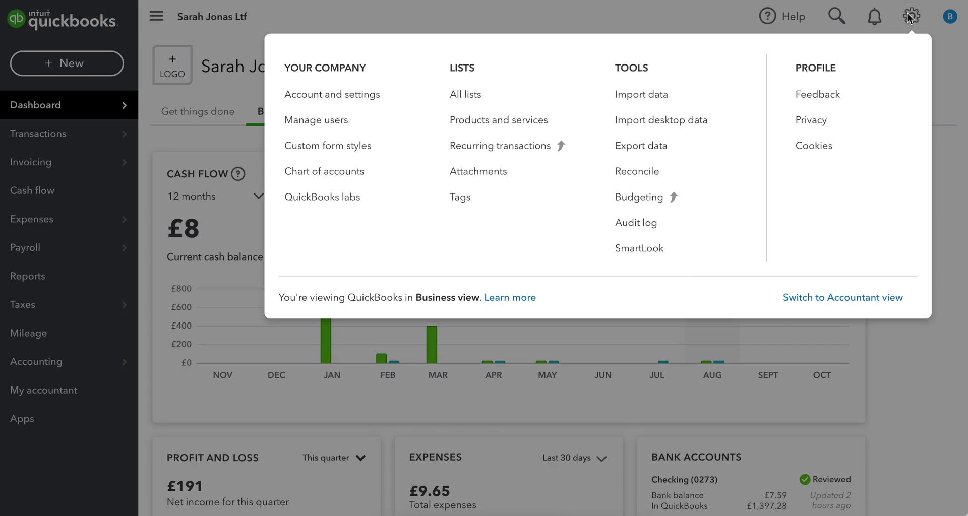 QuickBooks settings menu screenshot