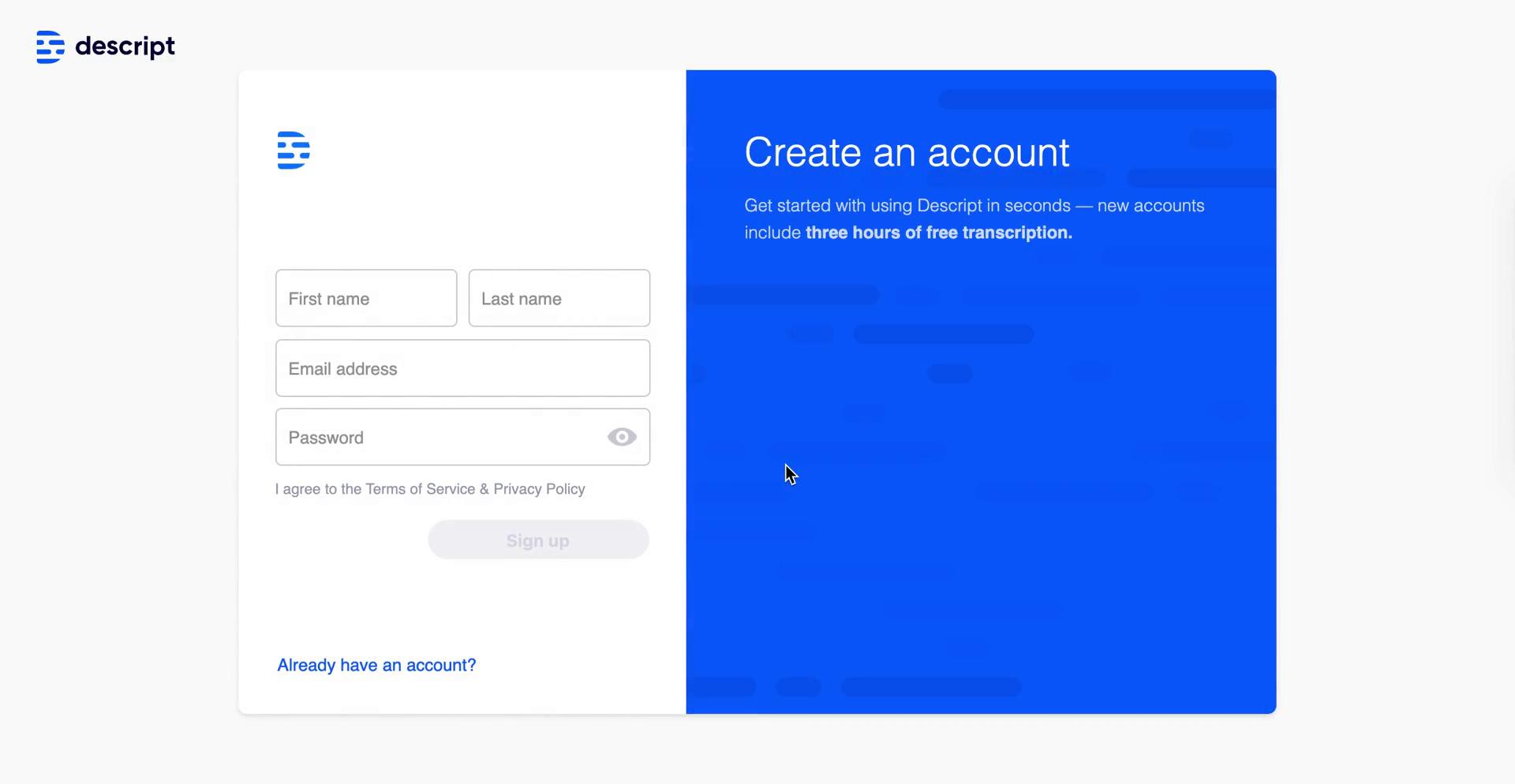Descript sign up screenshot