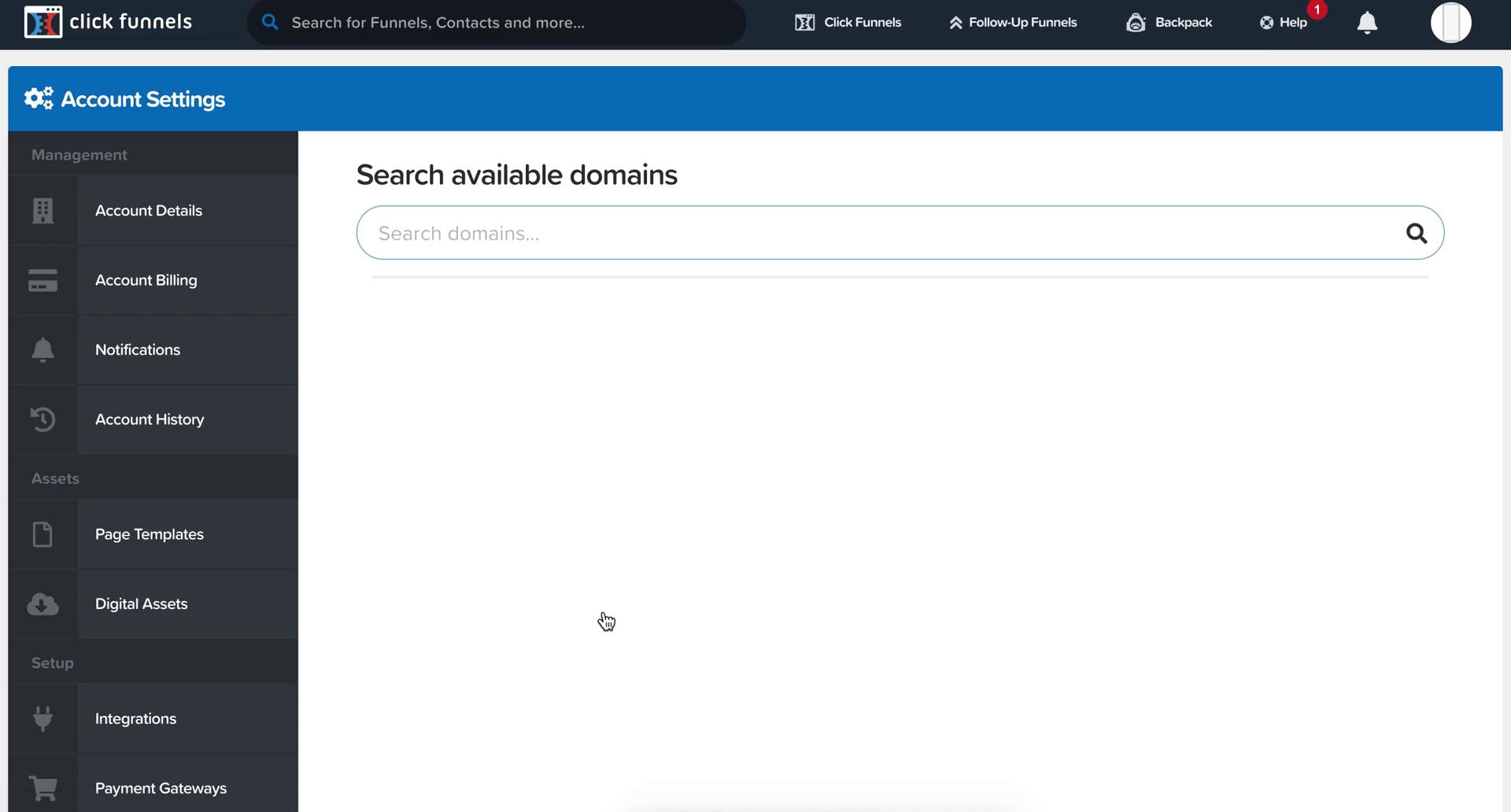 ClickFunnels search for domains screenshot