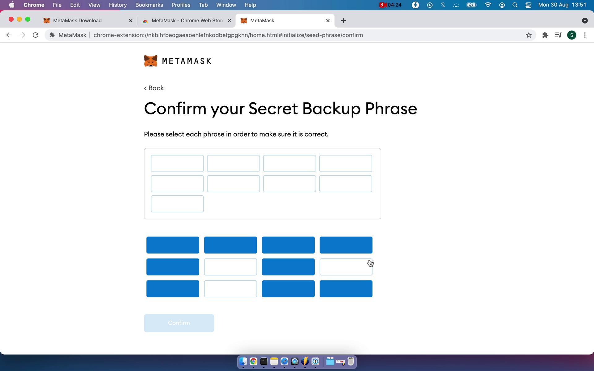 MetaMask confirm backup code screenshot