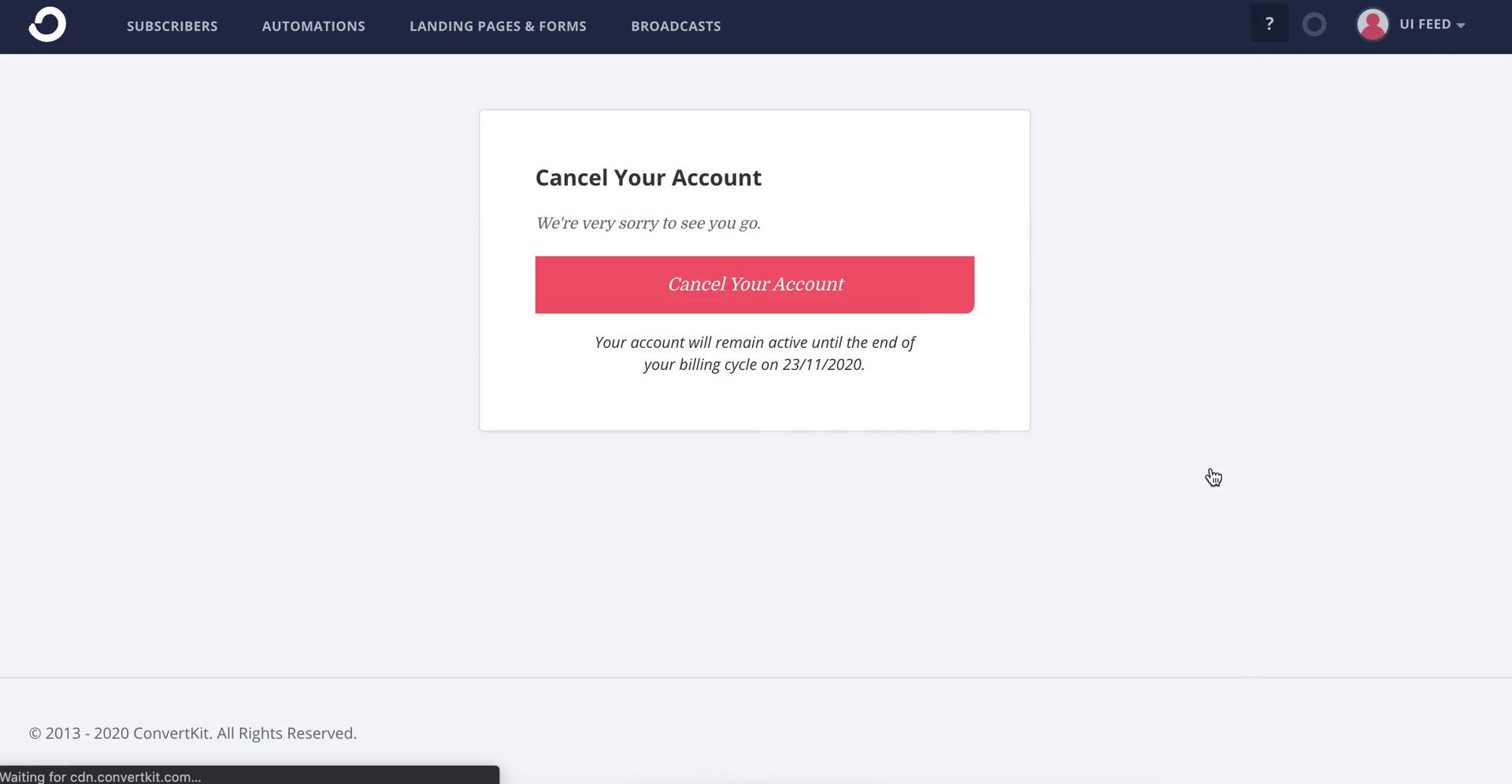 ConvertKit cancel subscription screenshot