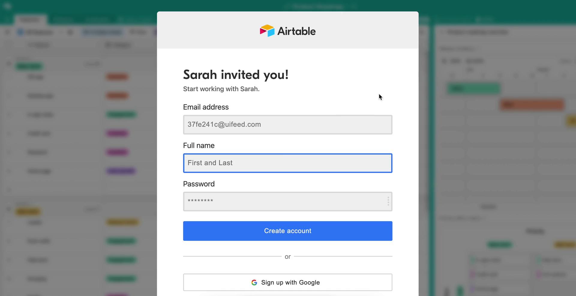 Airtable sign up screenshot