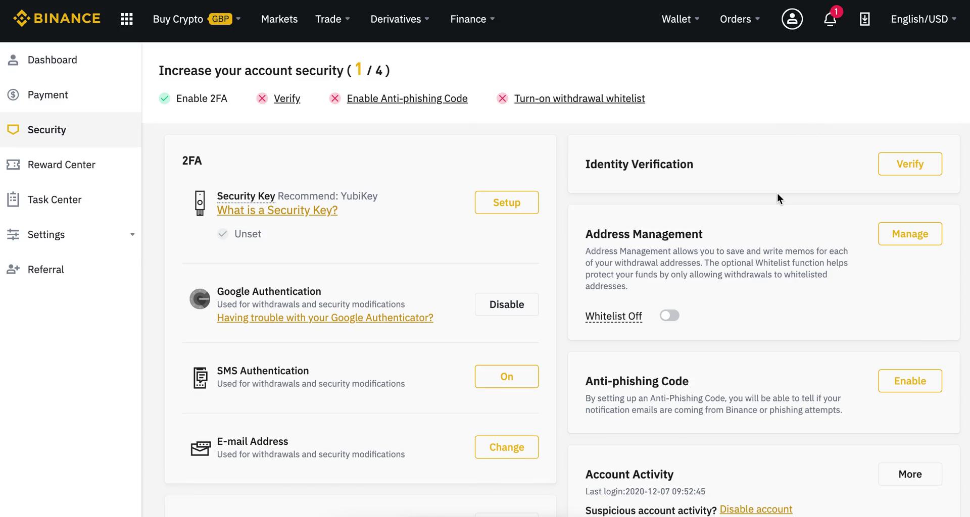 Binance security settings screenshot