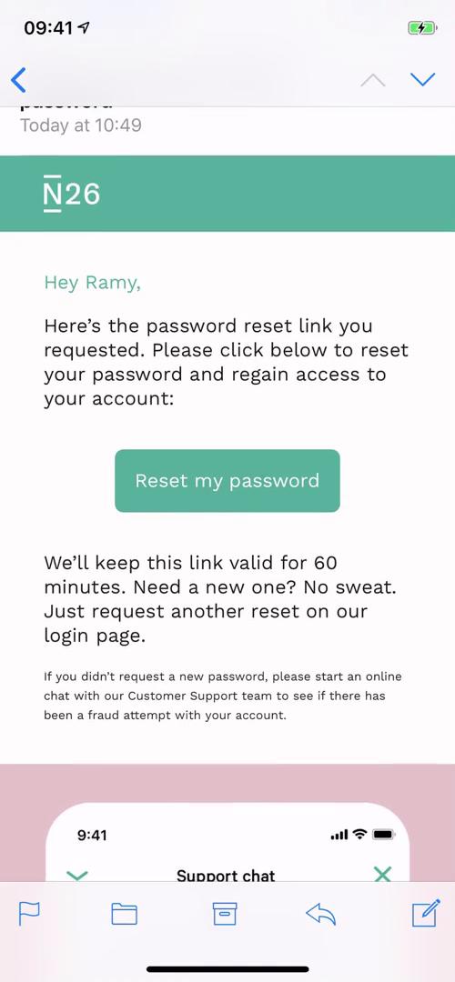 N26 password reset email screenshot